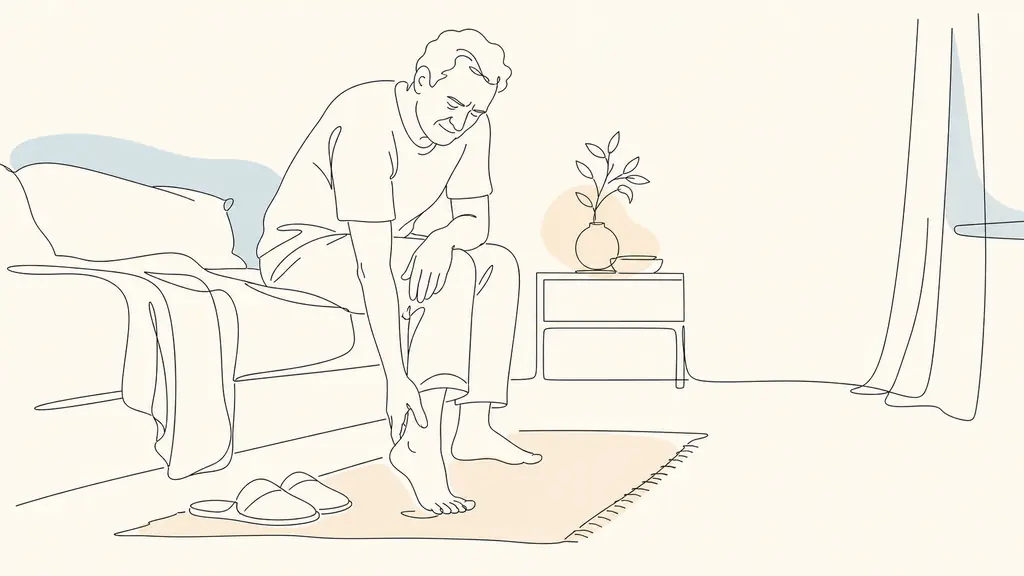 Editorial close-up photograph of a middle-aged adult taking their first barefoot step out of bed in the morning, gently touching the heel with a slight expression of discomfort, soft natural bedroom light, realistic home setting, no text, no logo