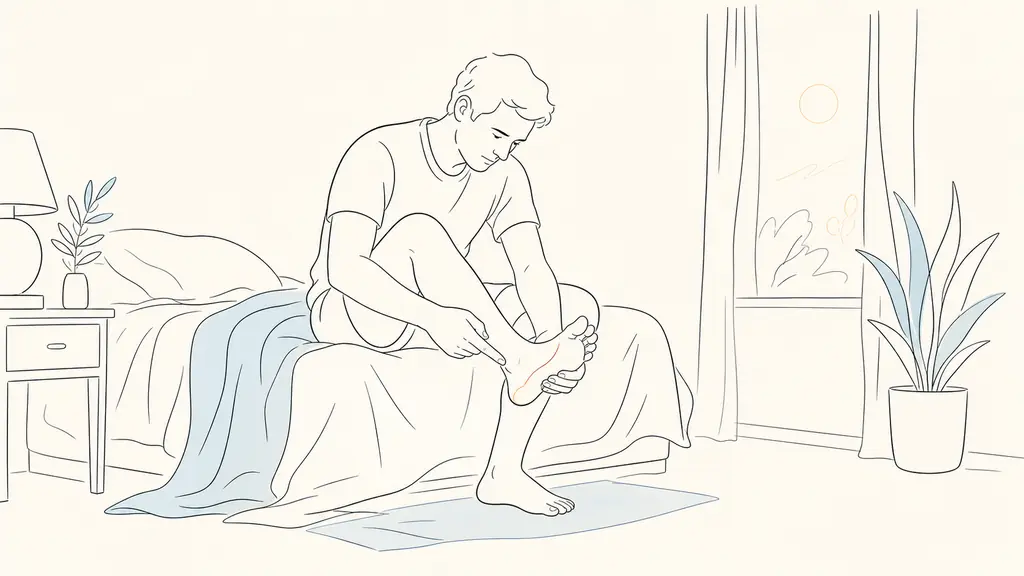Editorial clinical-style photograph of an adult seated on the edge of a bed in the morning, pointing to different heel pain zones on one foot with subtle anatomical emphasis through posture only, natural home light, realistic and reassuring, no text, no logo