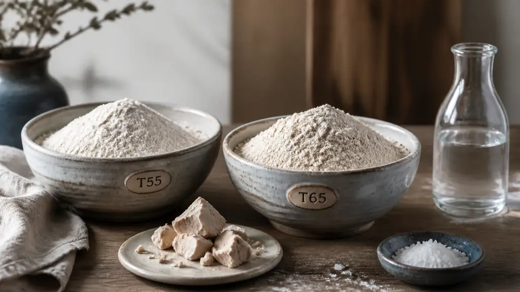 Editorial close-up of T55 and T65 wheat flour in bowls beside water, sea salt and fresh baker's yeast on a wooden kitchen worktop
