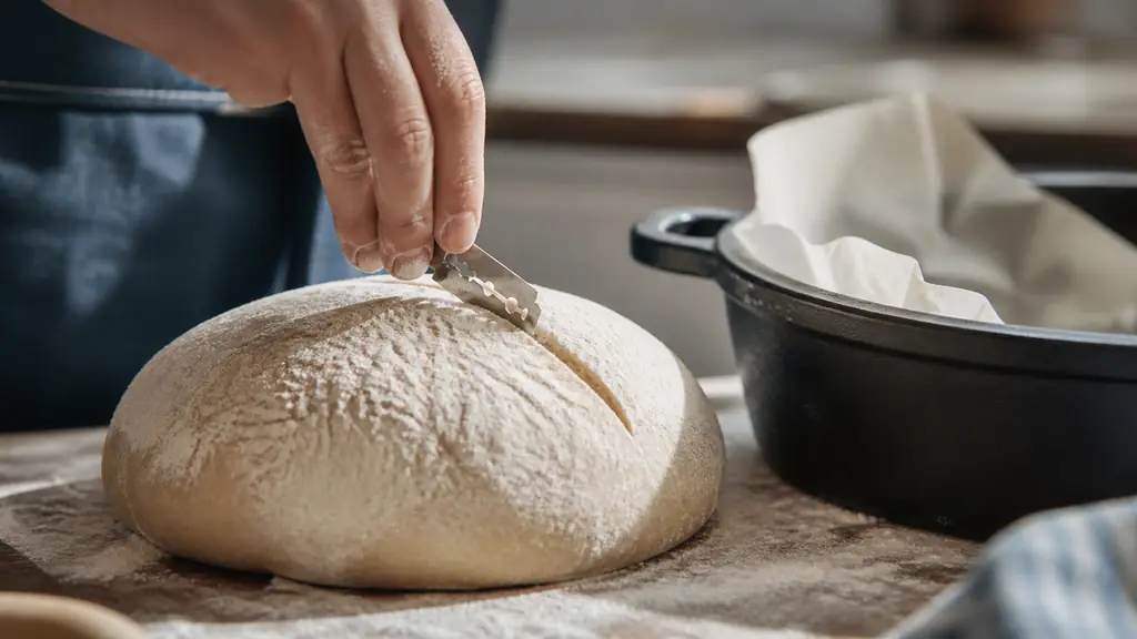 Editorial close-up of a hand scoring a round floured dough with a razor blade beside a cast-iron Dutch oven lined with parchment paper