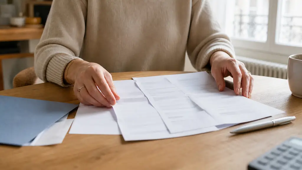 close-up editorial photo of a person reviewing a reimbursement form with an employer letter, healthcare receipt and pen on a desk, natural light, no text, no logo