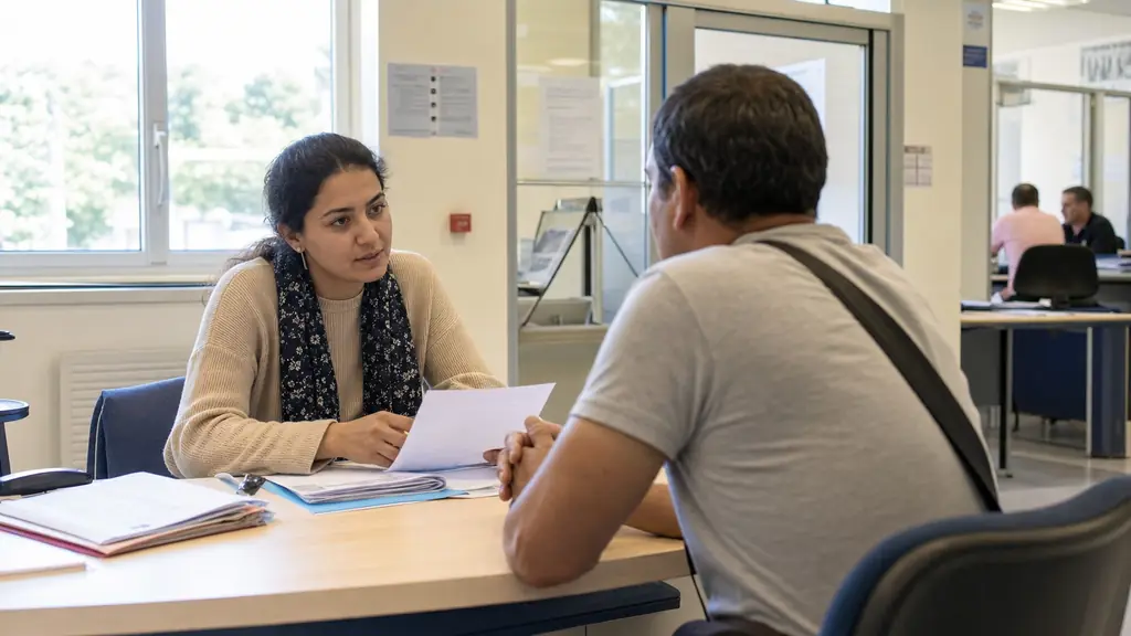 documentary-style photo of a person at a French town hall service desk reviewing visa family visit paperwork with a host, natural light, realistic, no text, no logo