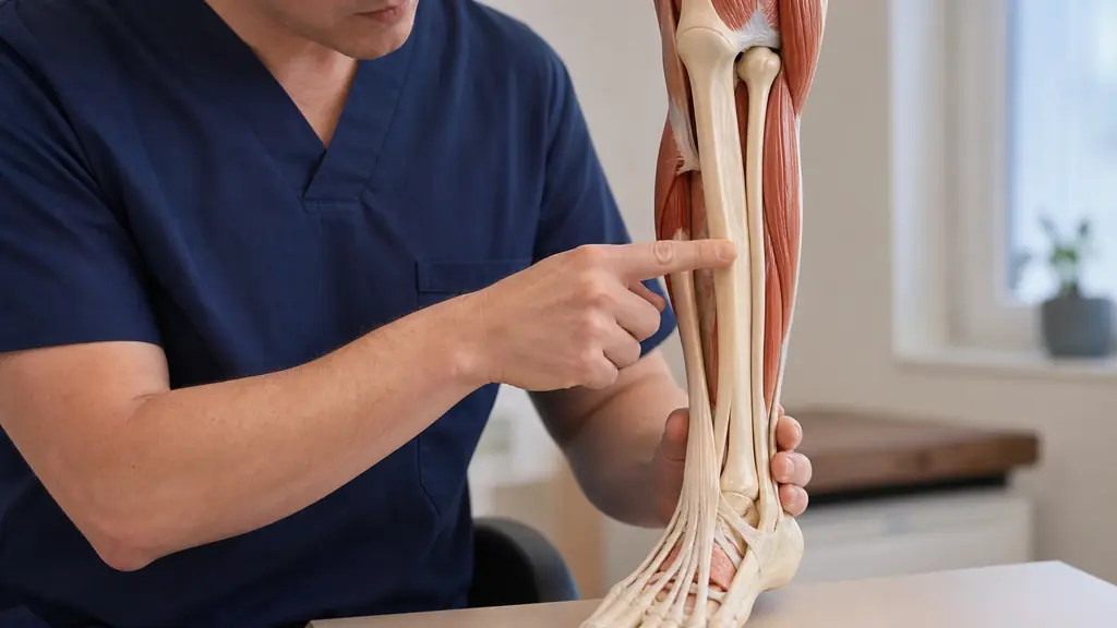 Editorial photograph of a clinician indicating the front-medial shin on an anatomical leg model, with the tibia, fibula and anterior ankle tendon clearly visible, no text or logo