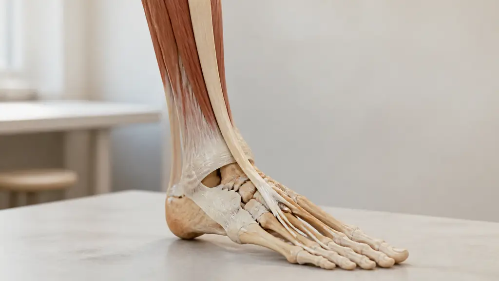 Editorial photograph of an anatomical lower-leg model showing the lateral tibial origin, the anterior ankle tendon path and its attachment near the medial cuneiform and first metatarsal, no text or logo