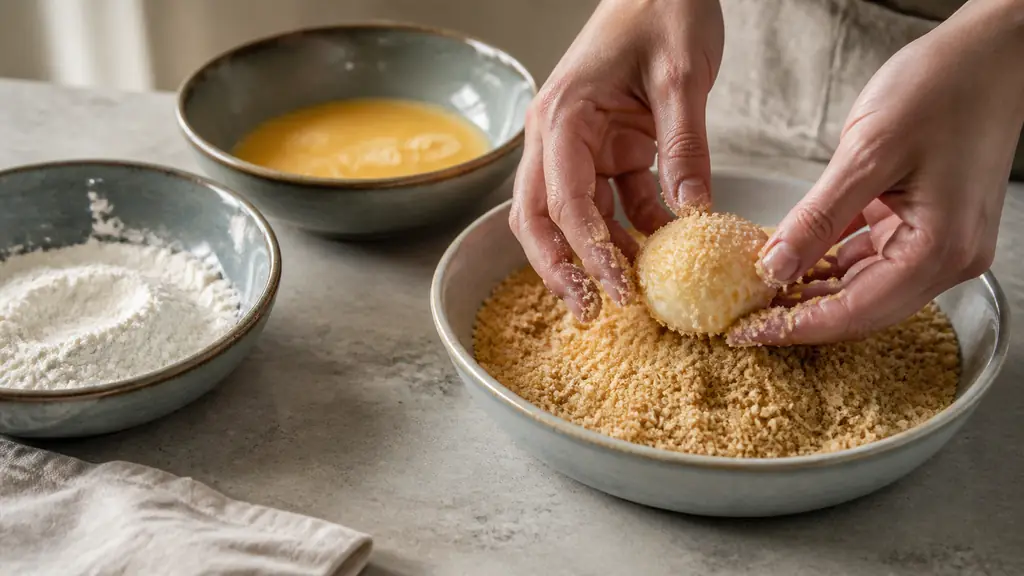 Close-up editorial food photograph of hands gently rolling a soft-boiled egg in panko breadcrumbs beside three shallow bowls of flour, beaten egg and breadcrumbs, no text, no logo