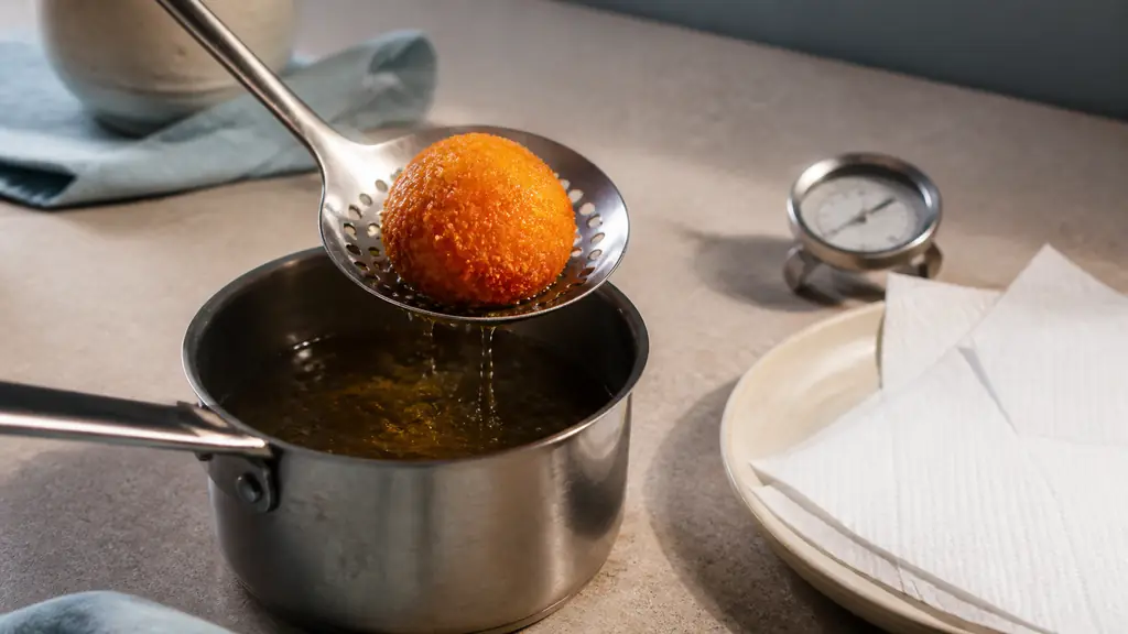 Editorial food photograph of a golden panko-coated soft-boiled egg being lifted from hot oil beside a cooking thermometer and a plate lined with absorbent paper, no text, no logo