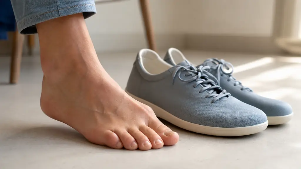 Editorial close-up photograph of an adult foot showing a visible inner bump at the big toe joint and the big toe leaning toward the second toe, beside a pair of wide toe-box shoes, natural clinical lighting, no text, no logo