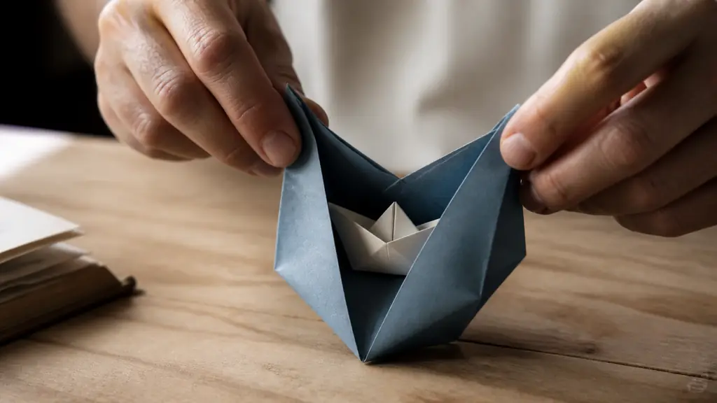 Editorial close-up photograph of hands gently pulling apart the two upper points of a blue folded paper diamond to reveal a small paper boat on a wooden table, no text or logo