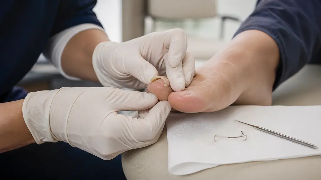 Close-up editorial photograph of a podiatrist examining a tile-shaped curved toenail, with a small nail brace and fitting instrument visible beside the foot, no text, no logo