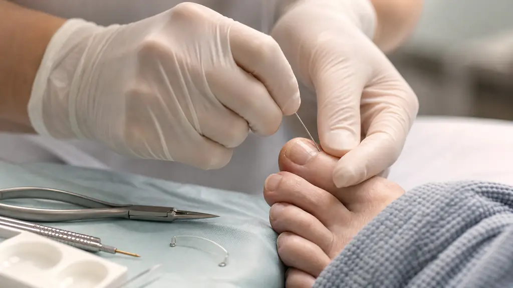 Editorial close-up photograph of a podiatrist shaping a thin titanium wire beside a prepared toenail, with a small resin nail brace and precision fitting tools on the clinical tray, no text, no logo