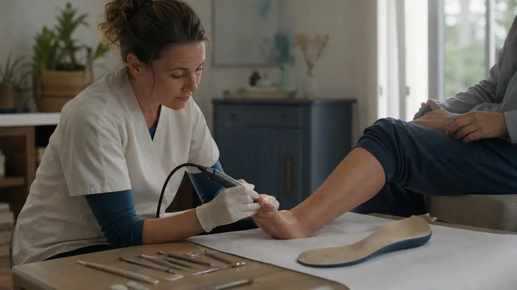 Editorial photograph of a podiatrist using a portable nail drill beside an examination of a patient's foot, with a custom plantar orthosis visible on a clean home-care table, no text, no logo
