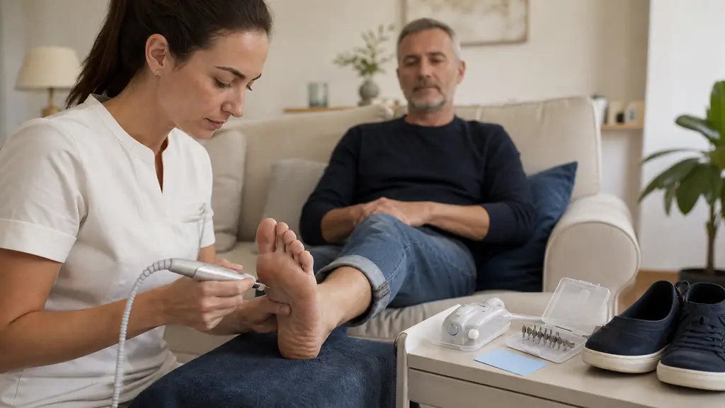 Editorial photograph of a home podiatry appointment showing a podiatrist examining a patient's foot beside a portable nail drill, a health card and comfortable shoes, no text, no logo