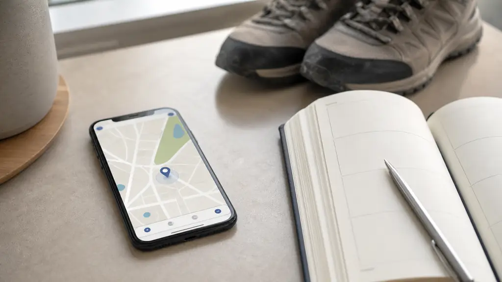 close-up editorial photograph of a smartphone displaying a nearby podiatry clinic map beside a paper appointment diary and a pair of walking shoes, no visible text or logo