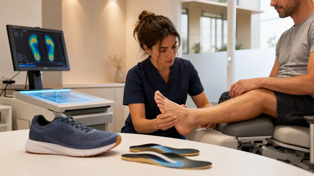 editorial photograph of a podiatrist examining a patient's foot beside a digital pressure plate, with a running shoe and custom orthotic insoles on the consultation table, no visible text or logo