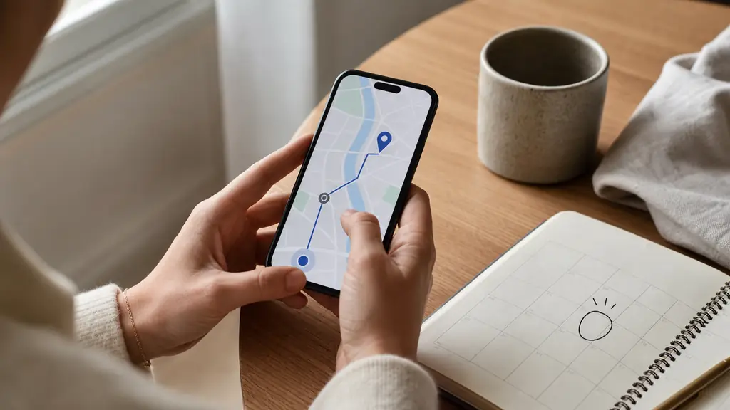 Close-up editorial photograph of a person using a smartphone map to locate a nearby podiatry clinic, with a visible route pin and an appointment calendar beside the phone, no readable text or logos