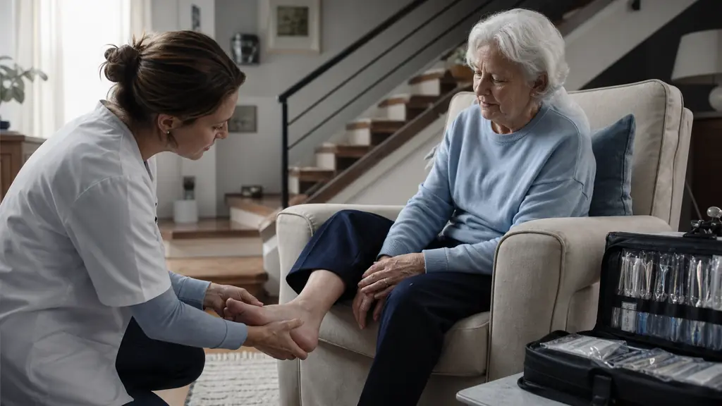 Editorial photograph of a podiatrist visiting an older adult seated at home, with a compact case of sterile foot-care instruments beside a chair and an apartment staircase visible in the background, no text or logos
