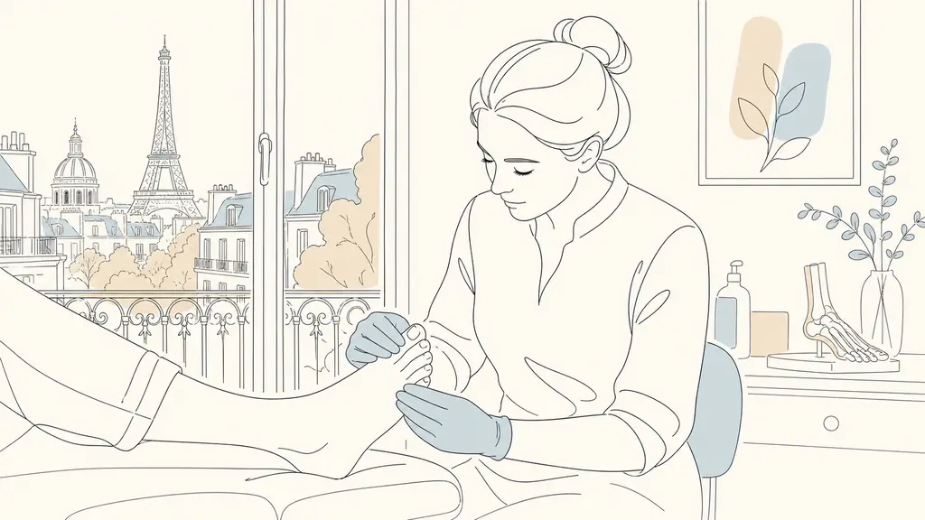 editorial photo of a podiatry clinic in Paris, close-up of a podiatrist examining a patient's foot and toenails, clean medical setting, natural light, no text, no logo