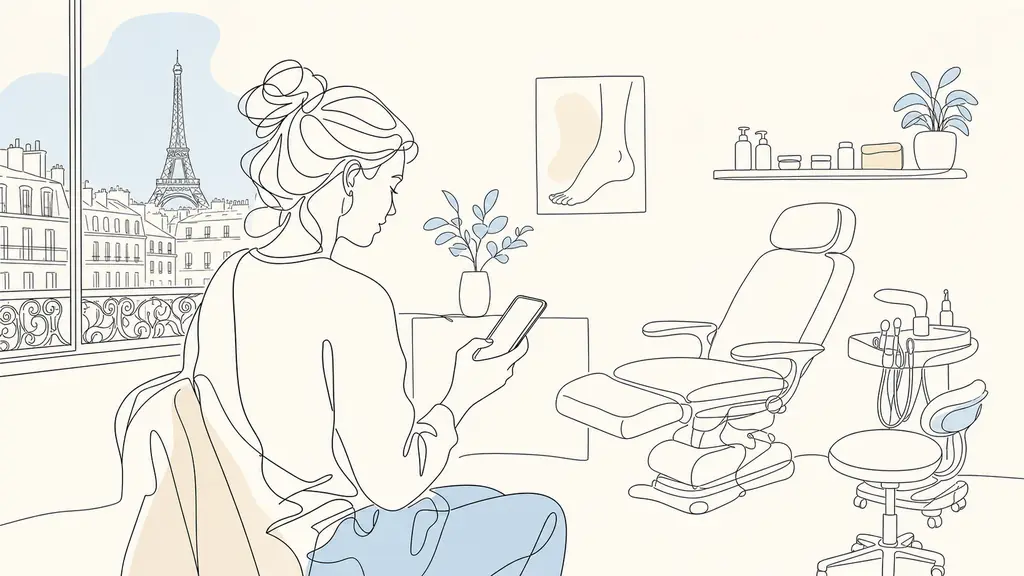 editorial photo of a patient in Paris reviewing a podiatry clinic listing on a smartphone before booking, clean podiatry office in the background, reassuring medical atmosphere, natural light, no text, no logo