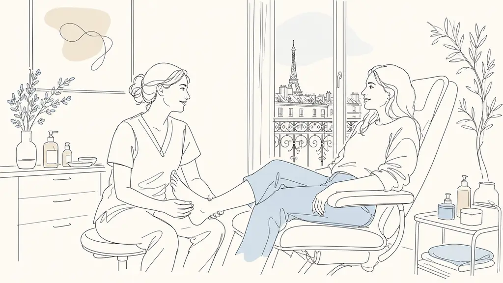 editorial photo of a first podiatry appointment in Paris, podiatrist talking reassuringly with a patient while examining a foot in a clean medical office, natural light, realistic healthcare scene, no text, no logo