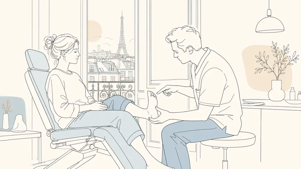 editorial photo of a podiatry consultation in a Paris clinic, patient seated while a podiatrist examines the foot and discusses pressure points, clean medical cabinet, natural light, no text, no logo