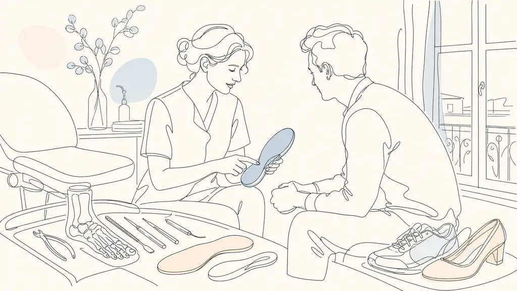 editorial photo of a podiatry treatment room in Paris, podiatrist showing foot care options to an adult patient, close view of instruments, orthotic insole sample and shoes nearby, clean medical setting, natural light, no text, no logo