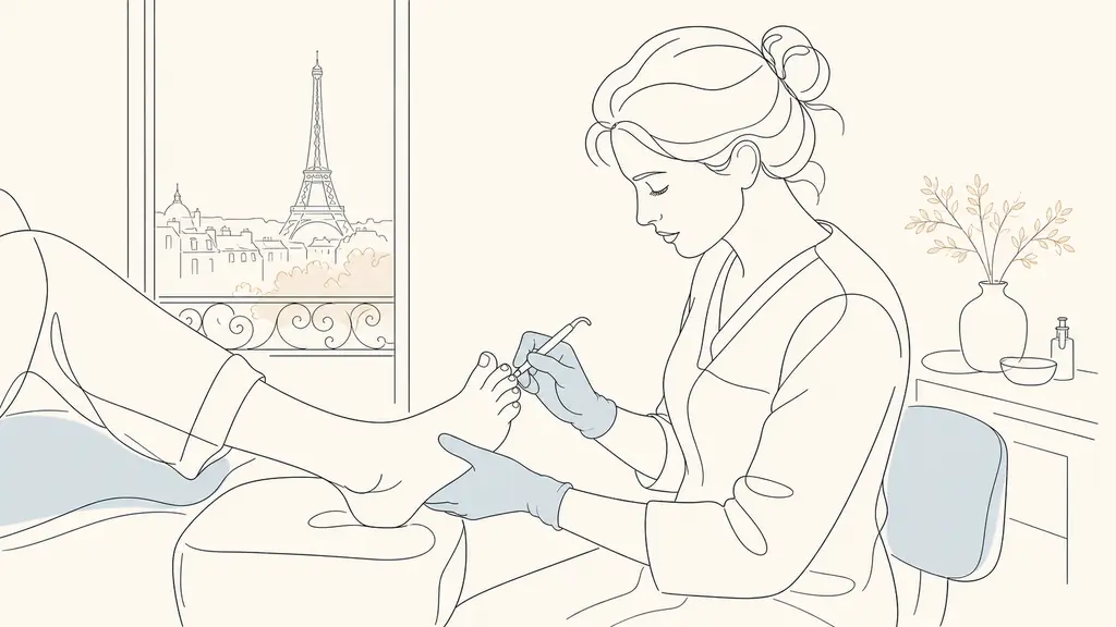 close-up editorial photo of a podiatrist providing professional foot care in a clean Paris clinic, examining thickened skin and toenails of an adult patient, natural light, realistic medical setting, no text, no logo