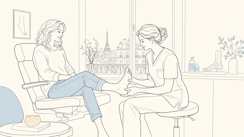 editorial photo of a first podiatry appointment in a clean Paris clinic, adult patient seated and reassured while a podiatrist examines the foot and explains care, natural light, realistic medical setting, no text, no logo