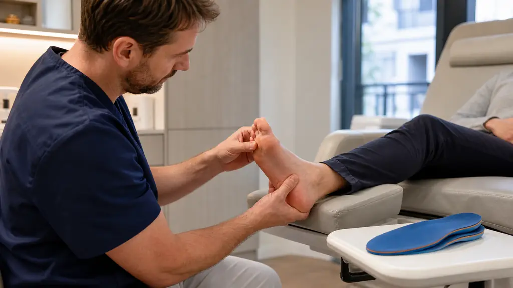 Editorial photograph of a podiatrist examining a patient's plantar callus and toe alignment, with custom orthotic insoles visible beside the examination chair, no text, no logo