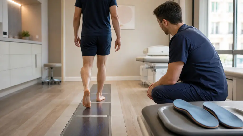 Editorial photograph of a podiatrist observing a patient walking during a dynamic gait assessment, with a foot pressure platform and custom orthotic insoles visible nearby, no text, no logo