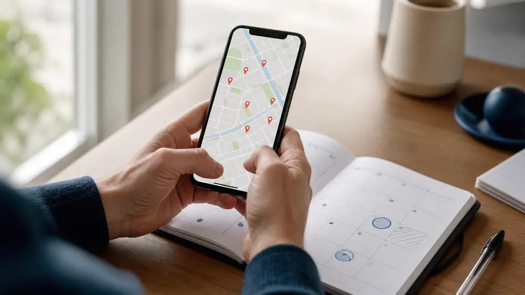 Adult holding a smartphone with unlabeled map pins, comparing nearby podiatry clinic locations with a paper appointment calendar on a desk, natural daylight, no text, no logo