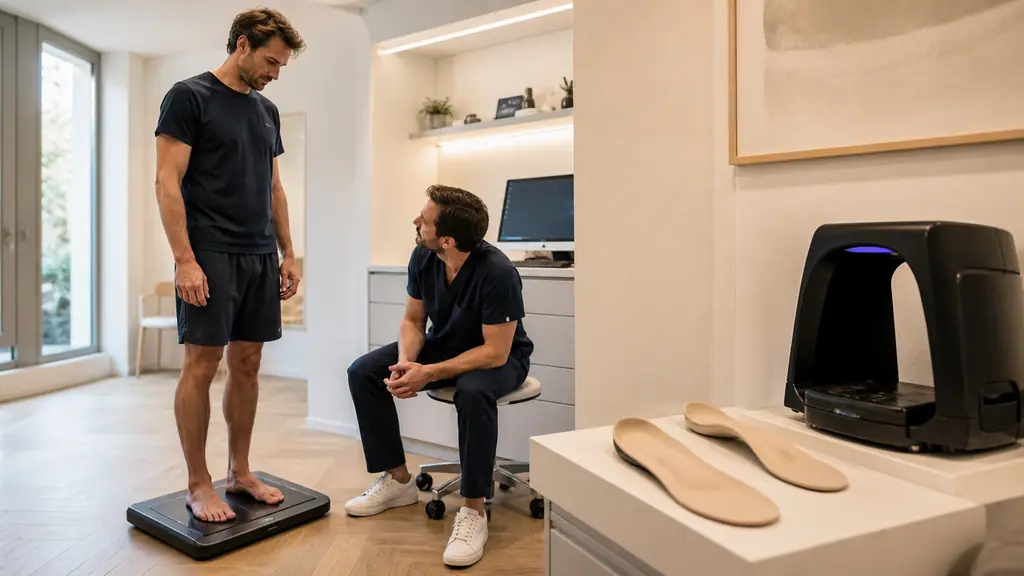 Podiatry consultation showing a patient standing on a plantar pressure platform beside thermoformed insoles and a compact 3D foot scanner, natural clinic setting, no text, no logo