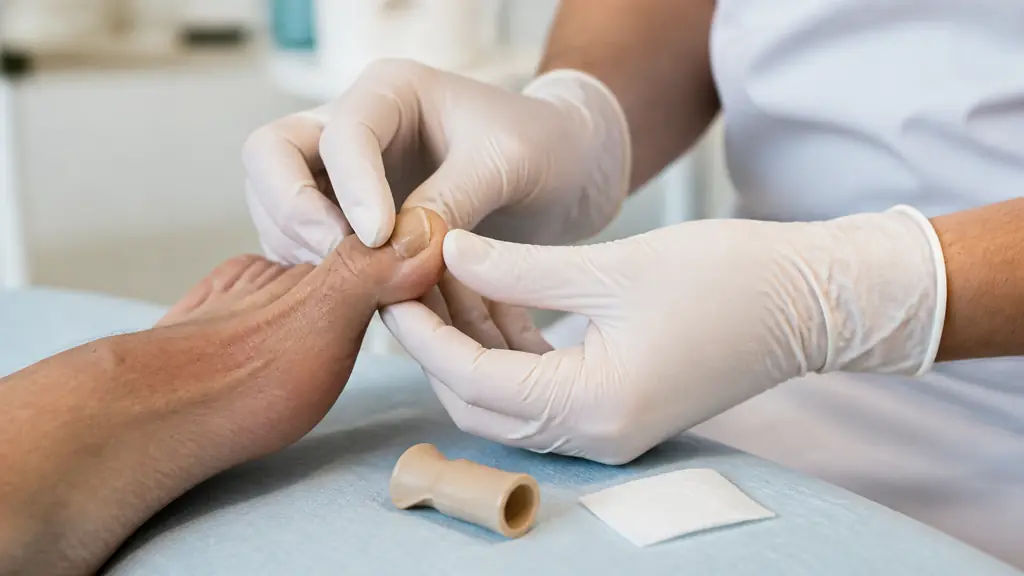 Editorial close-up photograph of a podiatrist examining a thickened toenail beside a small protective toe orthosis and sterile dressing, natural clinic lighting, no text, no logo