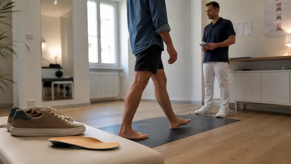 Editorial photograph of a podiatrist observing a patient walking during a dynamic foot assessment, with everyday shoes and a custom plantar orthosis visible nearby, natural clinic lighting, no text, no logo