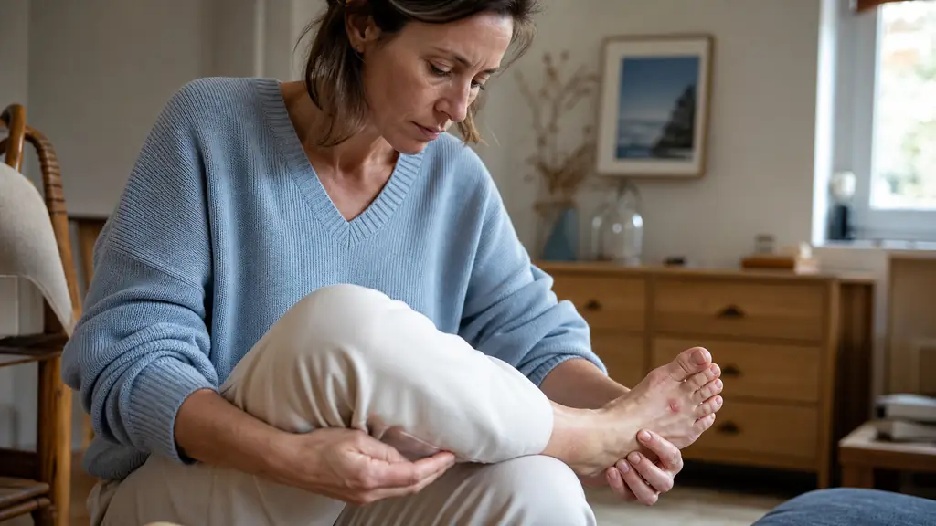 editorial photo of an adult sitting at home examining the outer side of their foot, small bump near the little toe visible, natural light, realistic medical lifestyle scene, no text, no logo