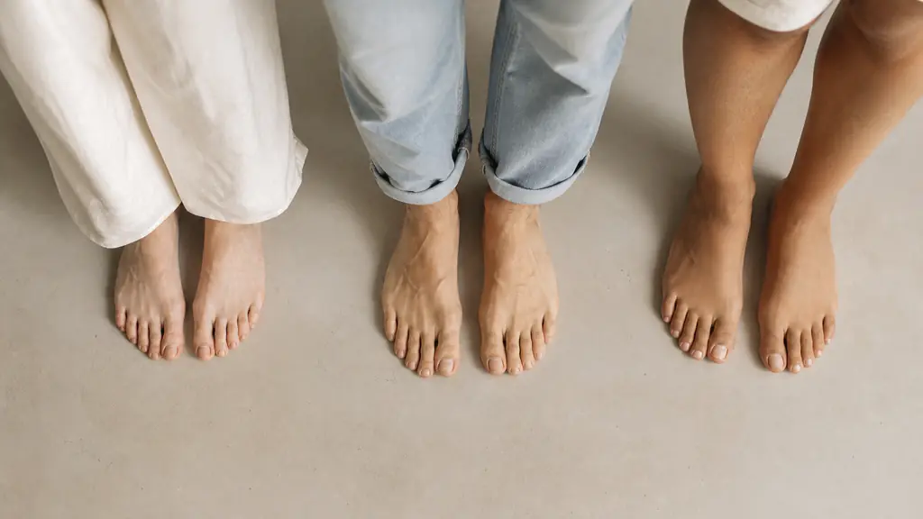 Overhead editorial photograph of three barefoot adults standing side by side on a neutral floor, clearly showing an Egyptian descending toe line, a longer second toe on a Greek foot, and three nearly aligned first toes on a square foot, soft natural light, no text, no logo