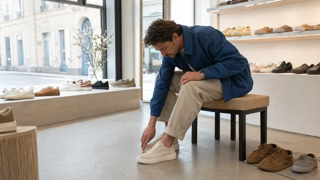 Editorial photograph in a shoe store of an adult trying the same pair on both feet, with broad rounded toe boxes and enough length in front of the big toes, while checking for pressure marks, natural light, no text, no logo