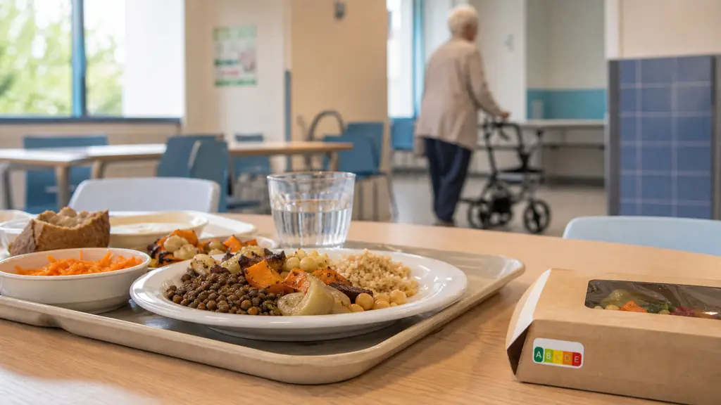 Editorial photograph of a school cafeteria serving a vegetarian plate with legumes, a Nutri-Score label visible on packaged food nearby, and an older adult walking with a stable support in the background, no text or logos