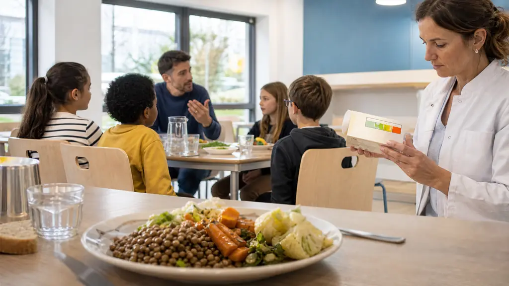 Editorial photograph inside a school cafeteria showing a vegetarian plate with lentils, a food educator speaking with students, and a dietitian reviewing a Nutri-Score package, no text or logos