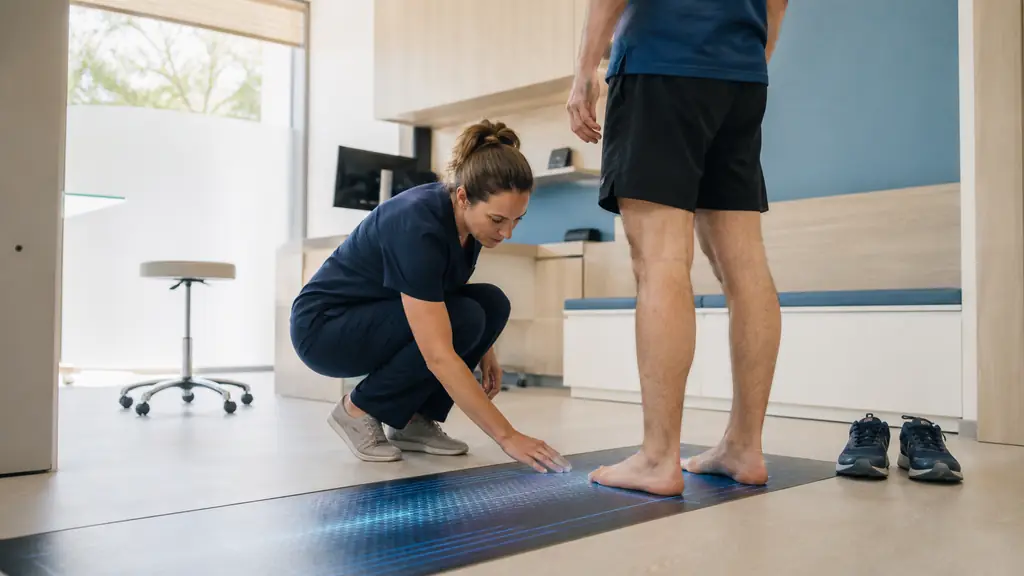 Editorial photograph of a podiatrist performing a static foot examination beside a gait assessment area, with the patient's everyday shoes visible, no text, no logo
