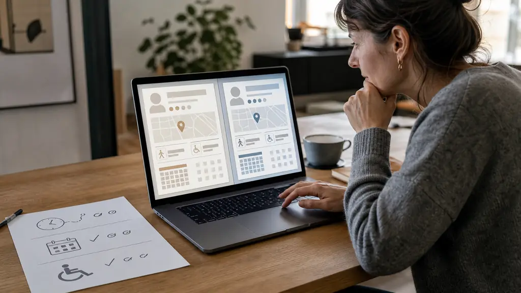 Editorial photograph of a person comparing two podiatry clinic profiles on a laptop, with a handwritten checklist showing travel time, appointment availability and wheelchair access using simple icons, no visible text or logo