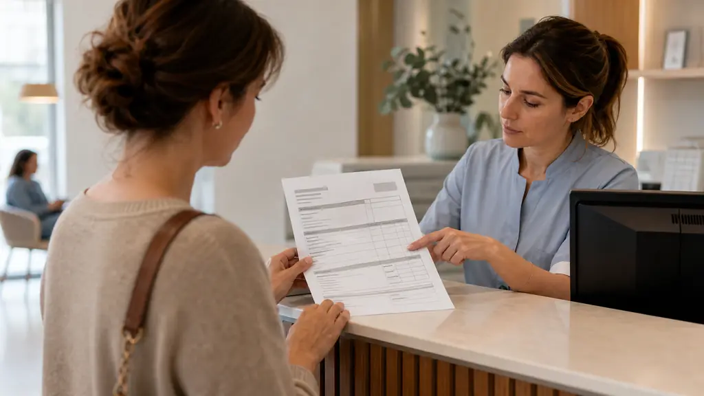 Editorial photograph of a patient reviewing a podiatry appointment estimate and itemized invoice at a reception desk, with a home visit fee line being indicated by the receptionist, no text, no logo