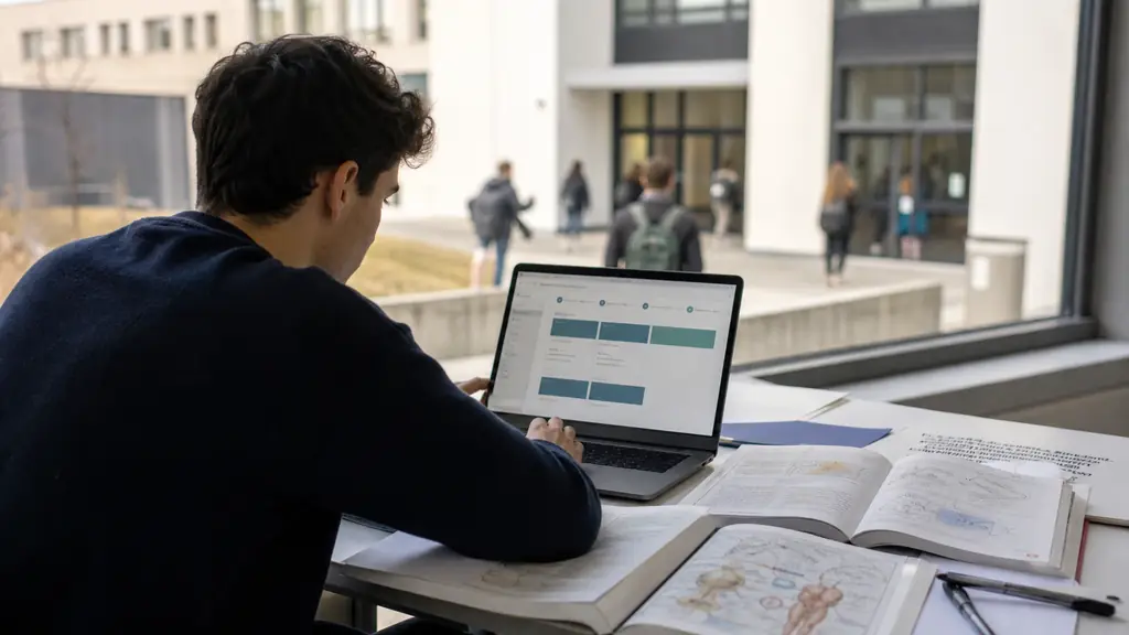 French high school student reviewing a Parcoursup application on a laptop beside biology and mathematics notebooks, with a podiatry training institute entrance visible in the background, editorial photography, no text, no logo