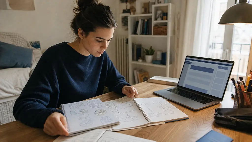 French high school student comparing biology, physics and mathematics notebooks beside an open Parcoursup application on a laptop, editorial photography, no text, no logo