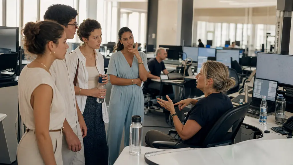 French health students wearing summer clothes receiving instructions from a SAMU supervisor beside an emergency dispatch workstation during a heatwave, water bottles visible, no text or logos