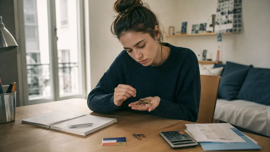 French student comparing apartment keys, a calculator and a color-coded public transit card at a desk, editorial photography, no text or logos