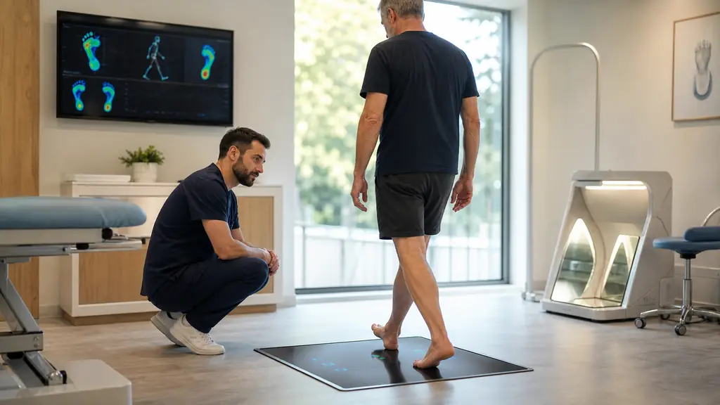 Podiatrist observing a patient walking barefoot across a plantar pressure platform, with a podoscope and gait analysis screen visible in a bright clinical room, editorial photography, no text, no logo