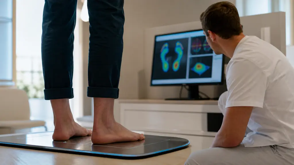 Close-up editorial photograph of a barefoot patient standing on a pressure platform while a podiatrist observes plantar pressure patterns and postural sway on a nearby screen, no text, no logo