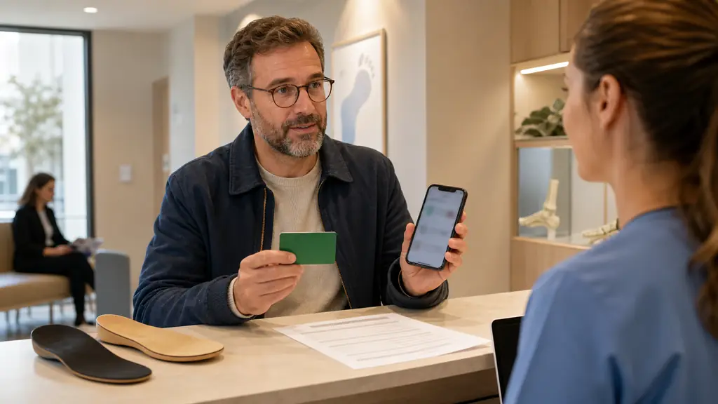 Editorial photo of a French patient at a podiatry reception desk holding a green Vitale card and a smartphone with a blurred insurance app, a pair of custom orthotic insoles next to a printed cost estimate sheet, natural clinic light, no text, no logo