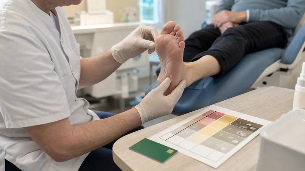 Close-up editorial photograph of a podiatrist examining a diabetic patient's foot beside a risk grading form and a Vitale card, natural clinical setting, no text, no logo