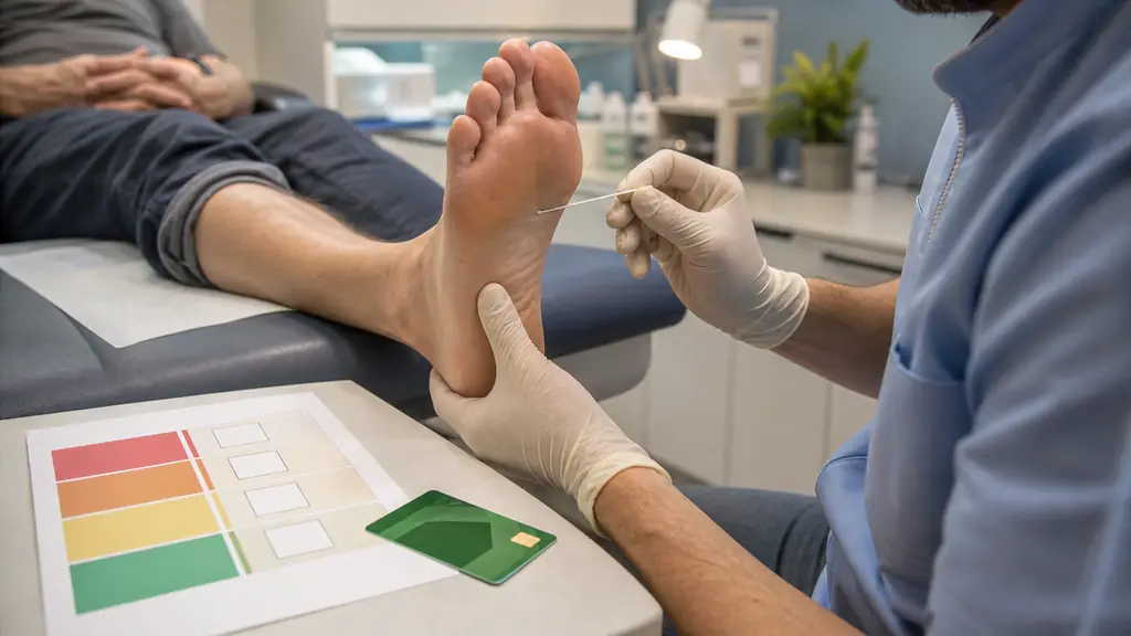 Editorial photograph of a podiatrist testing foot sensitivity with a monofilament beside a diabetic risk grading sheet and a Vitale card, clinical setting, no text, no logo